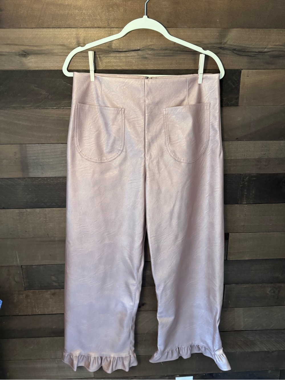 Maeve Women's Pink Vegan Leather Ruffle-Hem Pants